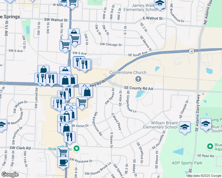 map of restaurants, bars, coffee shops, grocery stores, and more near 901 Southwest Speas Drive in Blue Springs