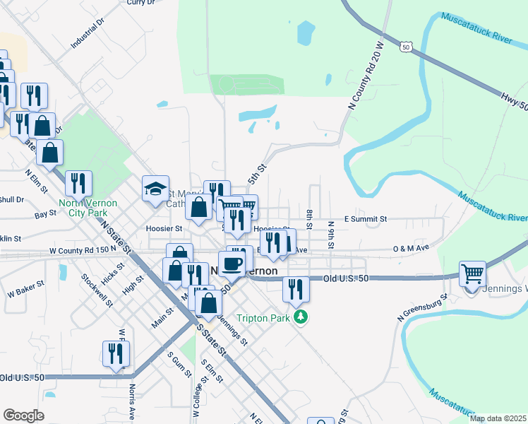 map of restaurants, bars, coffee shops, grocery stores, and more near 321 6th Street in North Vernon