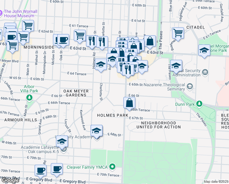 map of restaurants, bars, coffee shops, grocery stores, and more near 6505 Rockhill Road in Kansas City