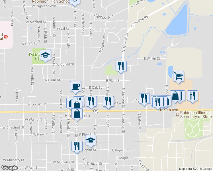 map of restaurants, bars, coffee shops, grocery stores, and more near 401 North King Street in Robinson