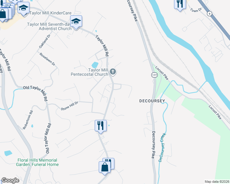map of restaurants, bars, coffee shops, grocery stores, and more near 689 Colonial Court in Taylor Mill