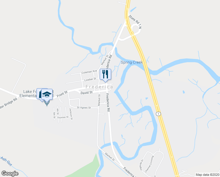 map of restaurants, bars, coffee shops, grocery stores, and more near 50 David Street in Frederica