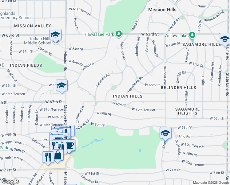 map of restaurants, bars, coffee shops, grocery stores, and more near 6611 Wenonga Terrace in Mission Hills