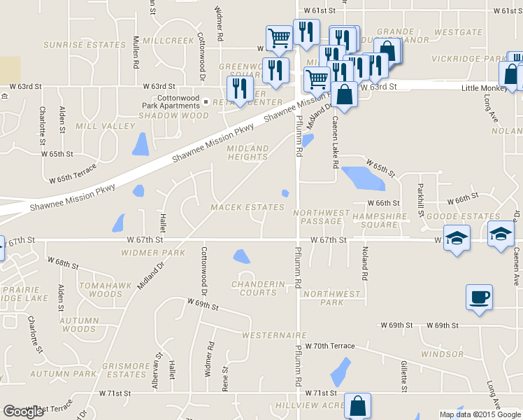 map of restaurants, bars, coffee shops, grocery stores, and more near 6640 Park Street in Shawnee