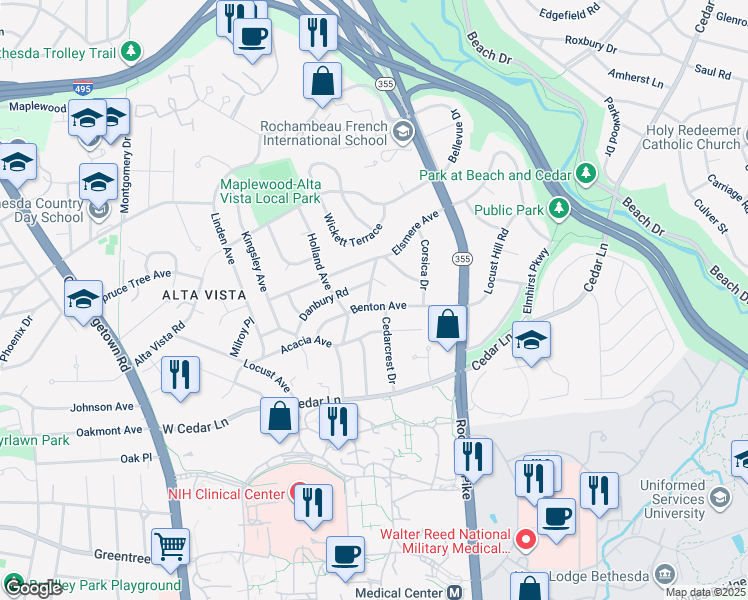 map of restaurants, bars, coffee shops, grocery stores, and more near 9319 Fresno Road in Bethesda
