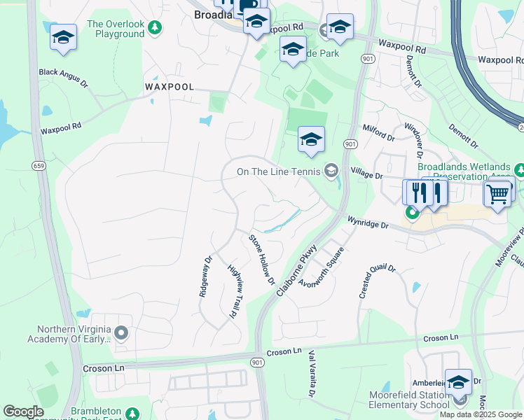 map of restaurants, bars, coffee shops, grocery stores, and more near 21988 Stonestile Place in Broadlands