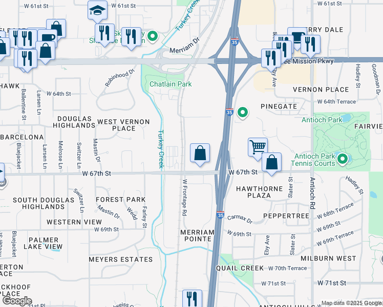 map of restaurants, bars, coffee shops, grocery stores, and more near 9510 West 67th Street in Shawnee