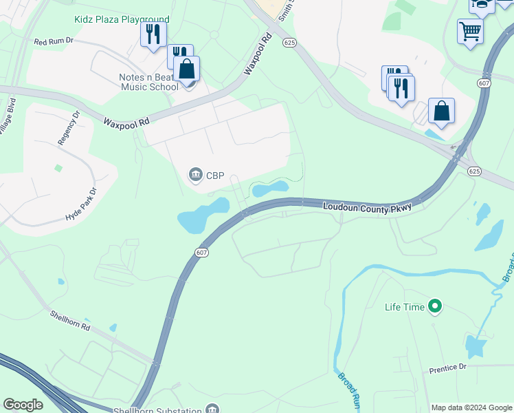 map of restaurants, bars, coffee shops, grocery stores, and more near Loudoun County Parkway in Ashburn