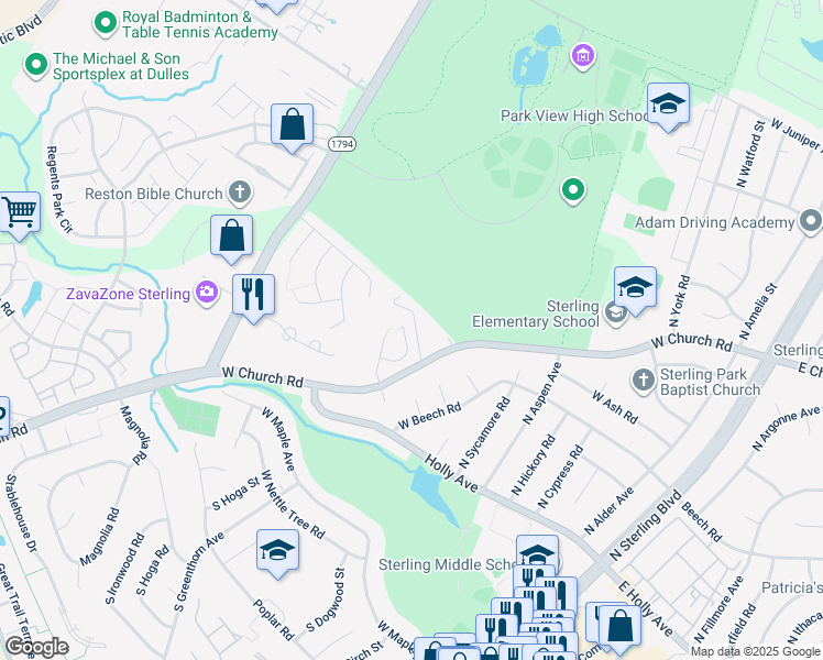 map of restaurants, bars, coffee shops, grocery stores, and more near 45941 Pullman Court in Sterling