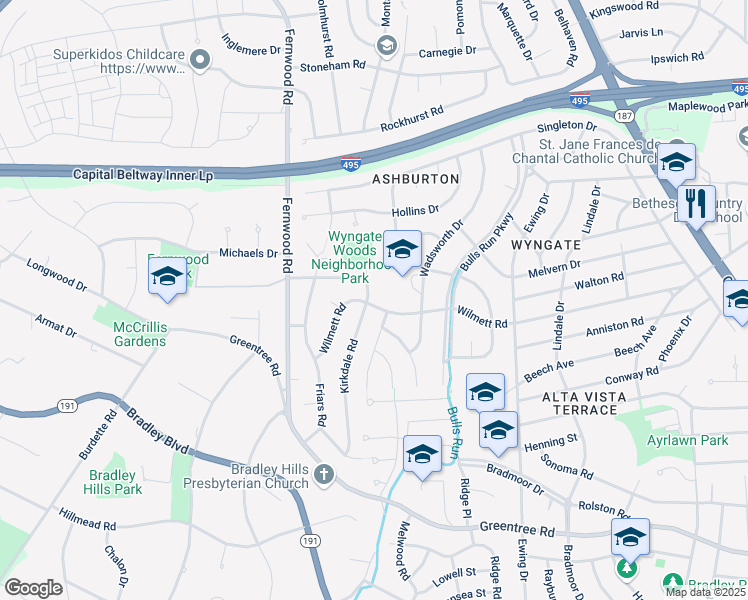 map of restaurants, bars, coffee shops, grocery stores, and more near 6405 Wilmett Road in Bethesda