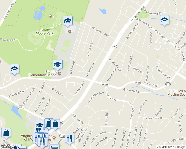 map of restaurants, bars, coffee shops, grocery stores, and more near 703 North Sterling Boulevard in Sterling