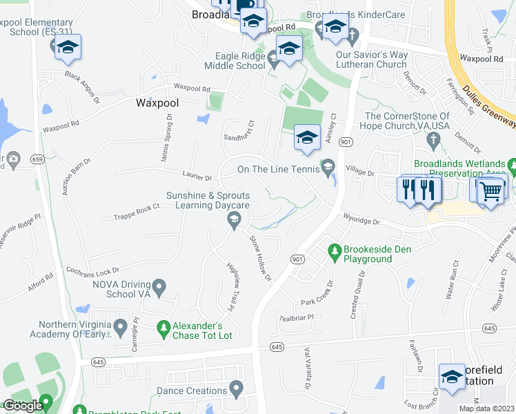 map of restaurants, bars, coffee shops, grocery stores, and more near 21988 Stonestile Place in Broadlands