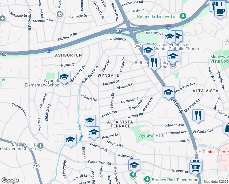 map of restaurants, bars, coffee shops, grocery stores, and more near 9309 Lindale Drive in Bethesda