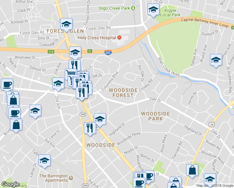 map of restaurants, bars, coffee shops, grocery stores, and more near 1526 Live Oak Drive in Silver Spring