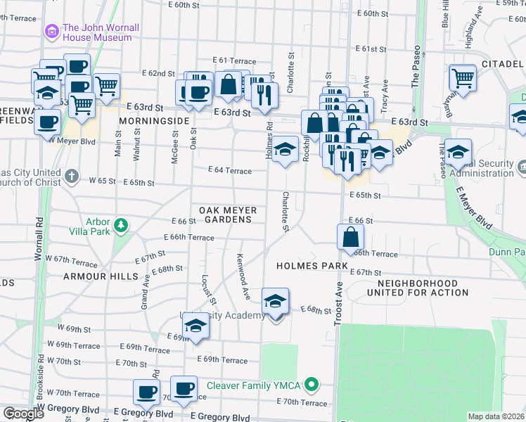 map of restaurants, bars, coffee shops, grocery stores, and more near 637 East 65th Terrace in Kansas City