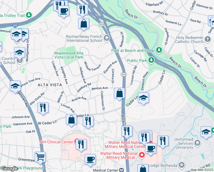 map of restaurants, bars, coffee shops, grocery stores, and more near 5007 Benton Avenue in Bethesda