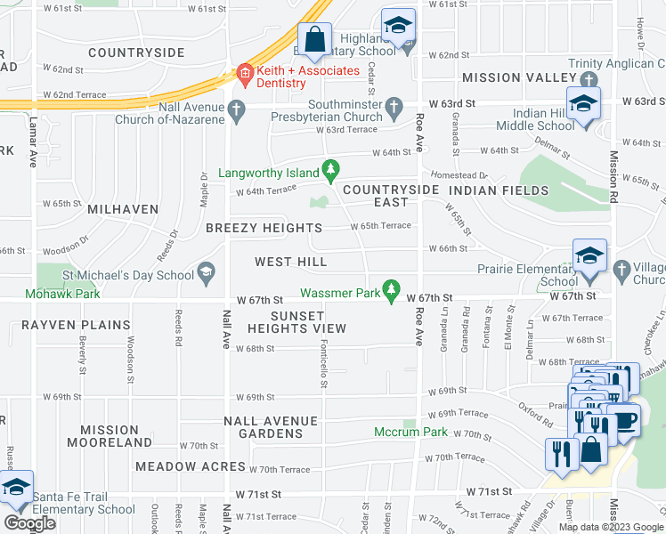 map of restaurants, bars, coffee shops, grocery stores, and more near 5014 West 66th Terrace in Prairie Village
