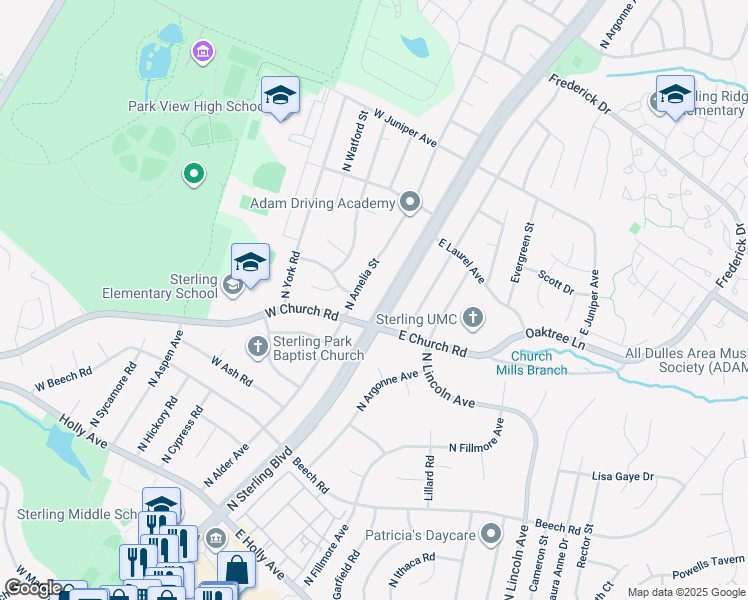 map of restaurants, bars, coffee shops, grocery stores, and more near 703 North Sterling Boulevard in Sterling