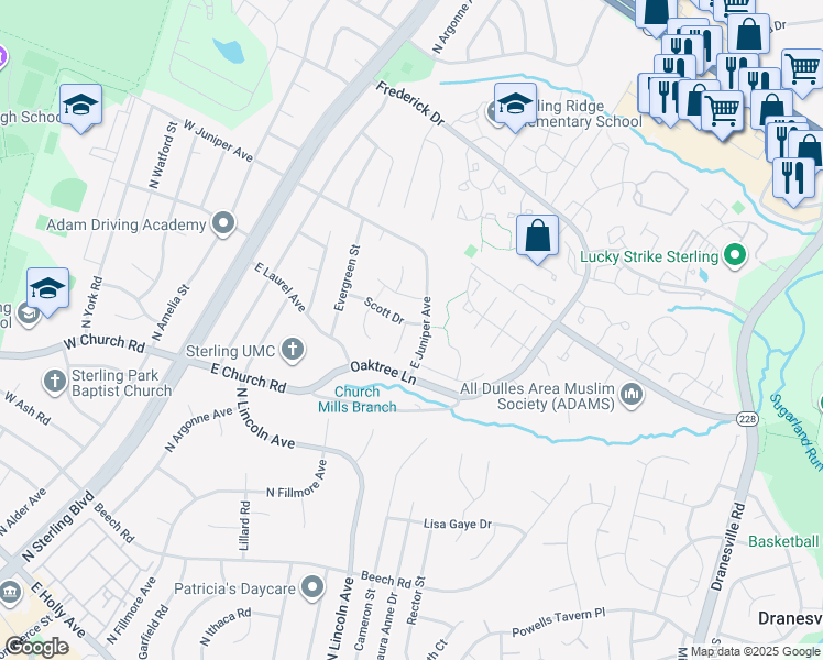 map of restaurants, bars, coffee shops, grocery stores, and more near 101 Cherry Tree Court in Sterling