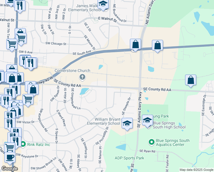 map of restaurants, bars, coffee shops, grocery stores, and more near 425 Southeast AA Highway in Blue Springs