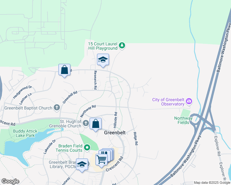 map of restaurants, bars, coffee shops, grocery stores, and more near 14 Hillside Road in Greenbelt