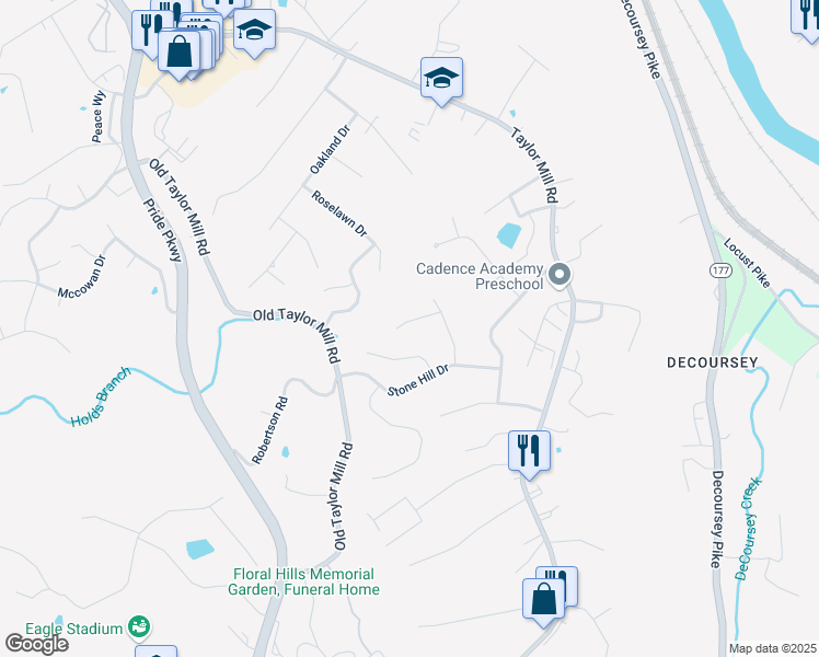 map of restaurants, bars, coffee shops, grocery stores, and more near 5433 Bayberry Court in Taylor Mill