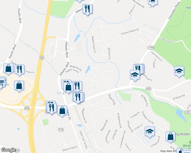 map of restaurants, bars, coffee shops, grocery stores, and more near 21940 Golden Spike Terrace in Sterling