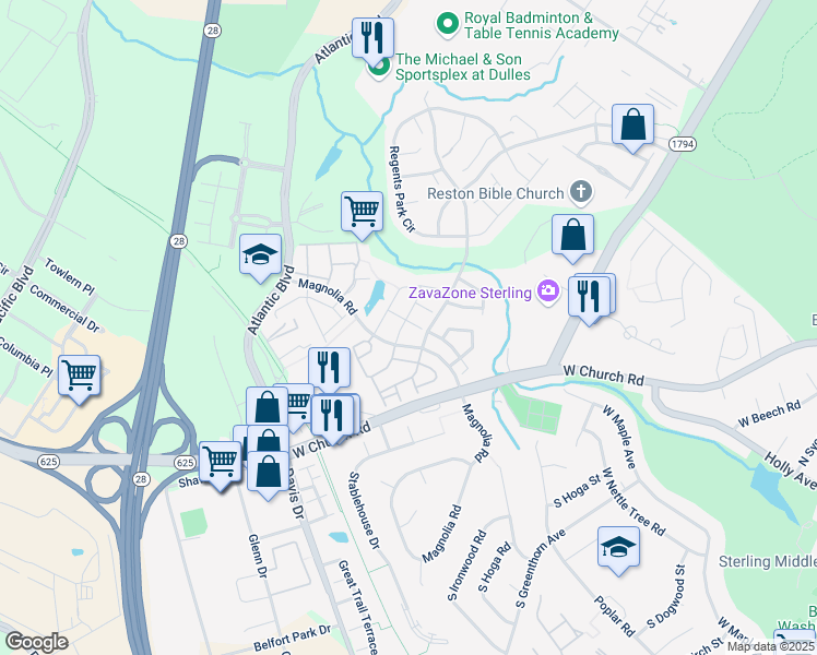 map of restaurants, bars, coffee shops, grocery stores, and more near 21940 Golden Spike Terrace in Sterling