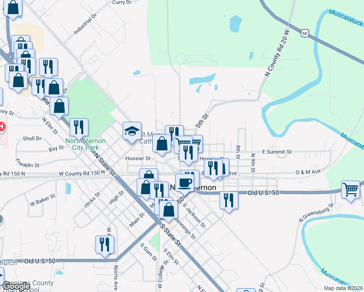 map of restaurants, bars, coffee shops, grocery stores, and more near 228 4th Street in North Vernon