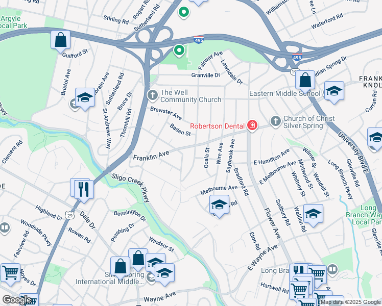 map of restaurants, bars, coffee shops, grocery stores, and more near 9330 Caroline Avenue in Silver Spring