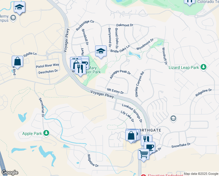 map of restaurants, bars, coffee shops, grocery stores, and more near 1224 Mount Estes Drive in Colorado Springs