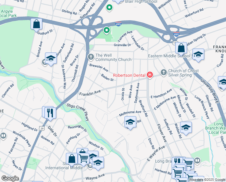 map of restaurants, bars, coffee shops, grocery stores, and more near 9330 Caroline Avenue in Silver Spring