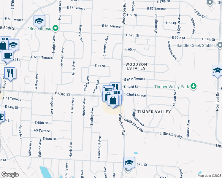 map of restaurants, bars, coffee shops, grocery stores, and more near 11408 East 62nd Terrace in Raytown