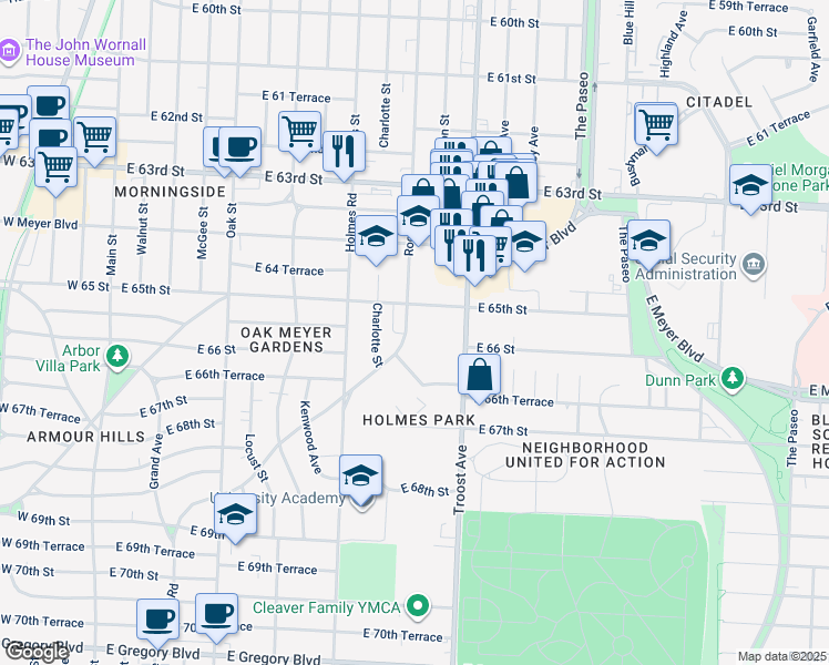 map of restaurants, bars, coffee shops, grocery stores, and more near 6505 Rockhill Road in Kansas City