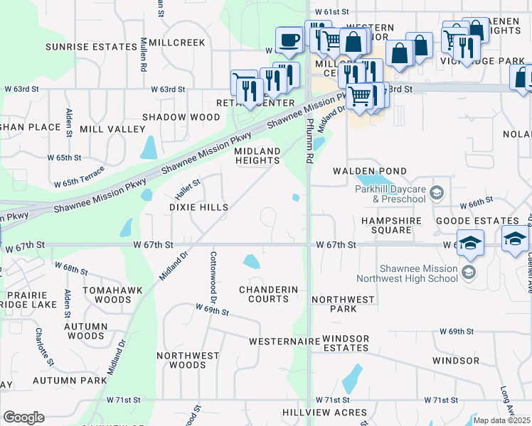 map of restaurants, bars, coffee shops, grocery stores, and more near 6640 Park Street in Shawnee
