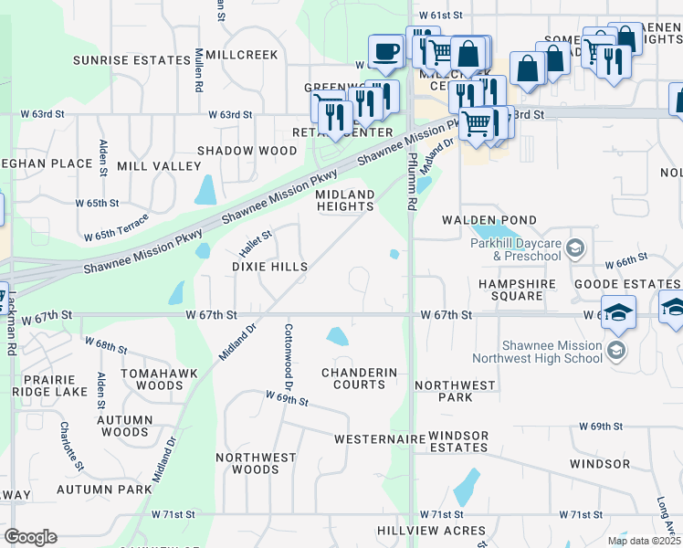 map of restaurants, bars, coffee shops, grocery stores, and more near 6621 Park Street in Shawnee