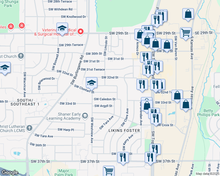 map of restaurants, bars, coffee shops, grocery stores, and more near 1225 Southwest Cornwall Street in Topeka