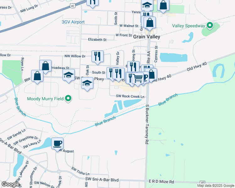 map of restaurants, bars, coffee shops, grocery stores, and more near 312 Southwest Rock Creek Lane in Grain Valley