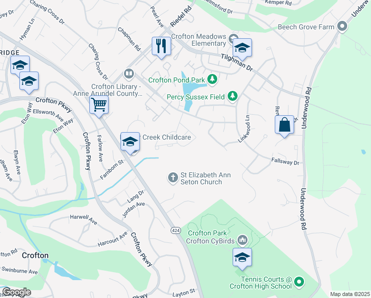 map of restaurants, bars, coffee shops, grocery stores, and more near 1842 Foxdale Court in Crofton