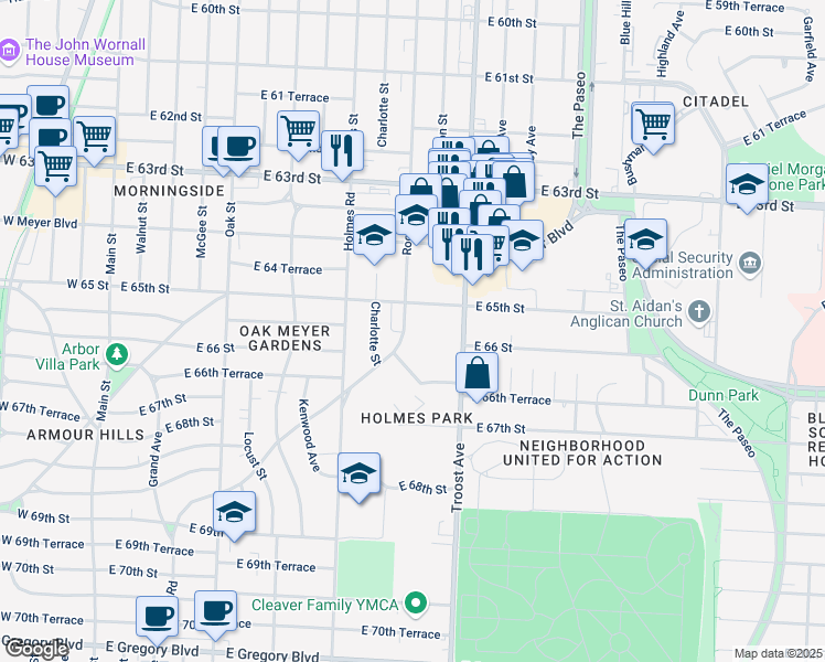 map of restaurants, bars, coffee shops, grocery stores, and more near 6551 Rockhill Road in Kansas City