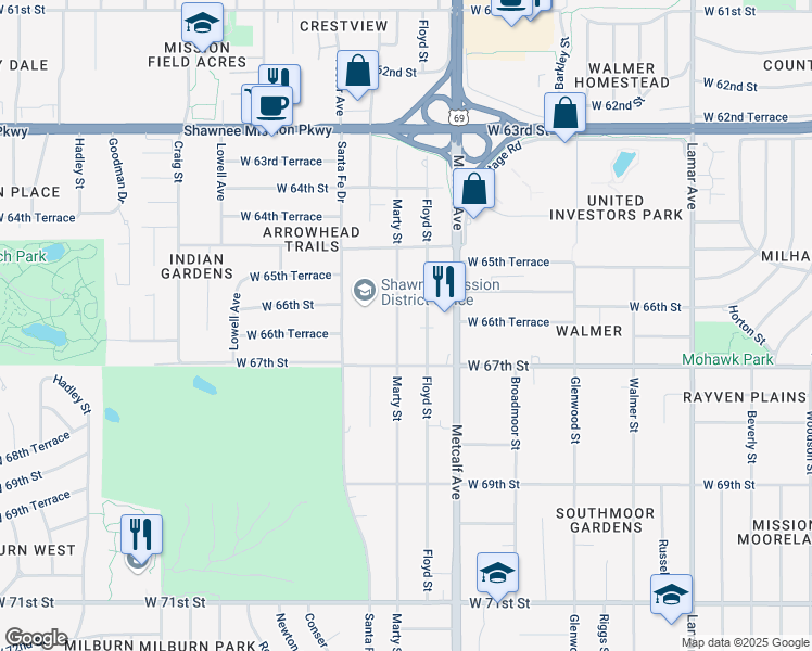 map of restaurants, bars, coffee shops, grocery stores, and more near 6615 Marty Street in Mission
