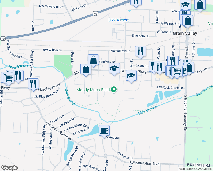 map of restaurants, bars, coffee shops, grocery stores, and more near 203 Pebblebrook Lane in Grain Valley