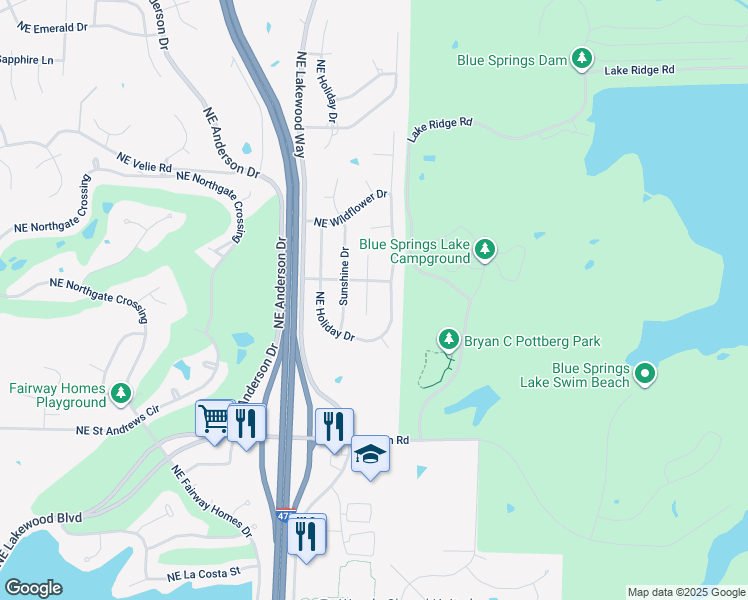 map of restaurants, bars, coffee shops, grocery stores, and more near 5317 Northeast Rainbow Circle in Lee's Summit