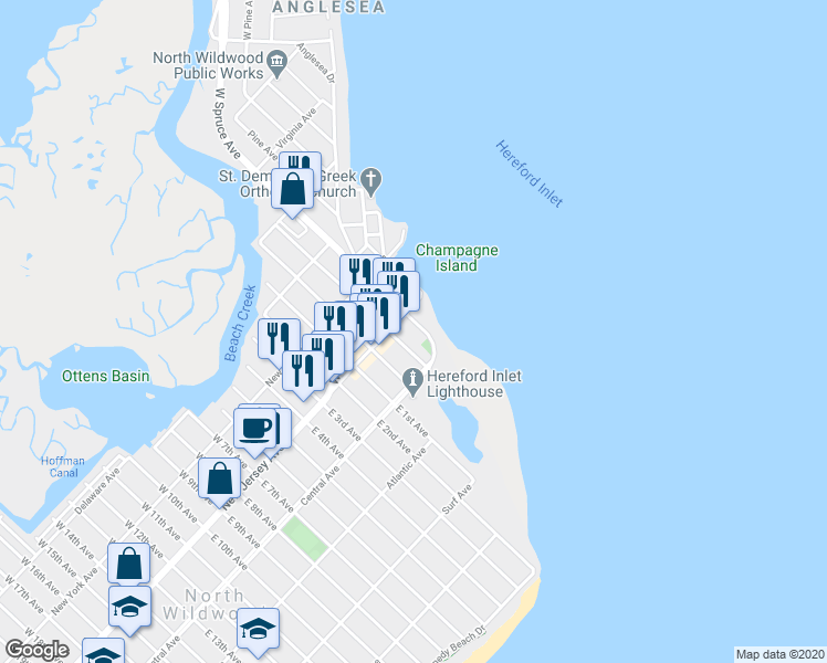 map of restaurants, bars, coffee shops, grocery stores, and more near 112 East Spruce Avenue in North Wildwood