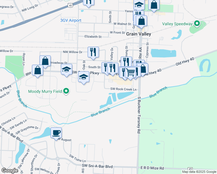 map of restaurants, bars, coffee shops, grocery stores, and more near 406 Southwest Rock Creek Lane in Grain Valley