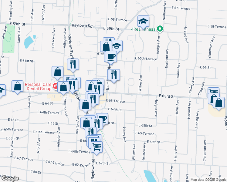 map of restaurants, bars, coffee shops, grocery stores, and more near 10120 East 63rd Street in Raytown
