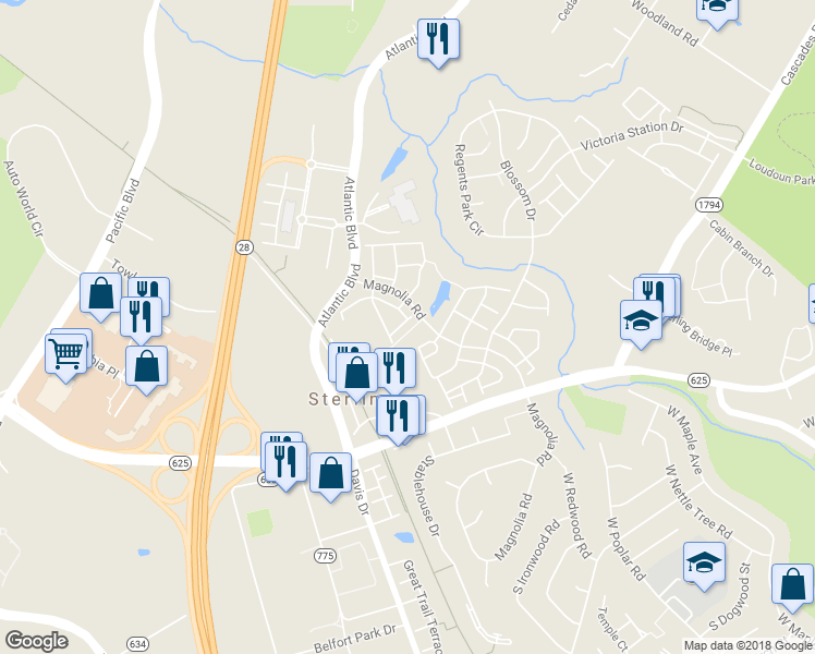 map of restaurants, bars, coffee shops, grocery stores, and more near 45516 Baggett Terrace in Sterling