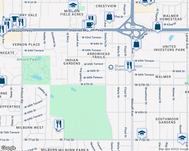 map of restaurants, bars, coffee shops, grocery stores, and more near 7612 West 66th Terrace in Mission