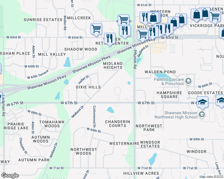 map of restaurants, bars, coffee shops, grocery stores, and more near 6621 Park Street in Shawnee