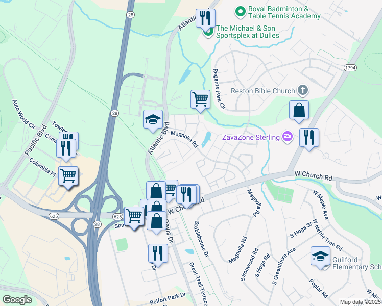 map of restaurants, bars, coffee shops, grocery stores, and more near 45516 Baggett Terrace in Sterling